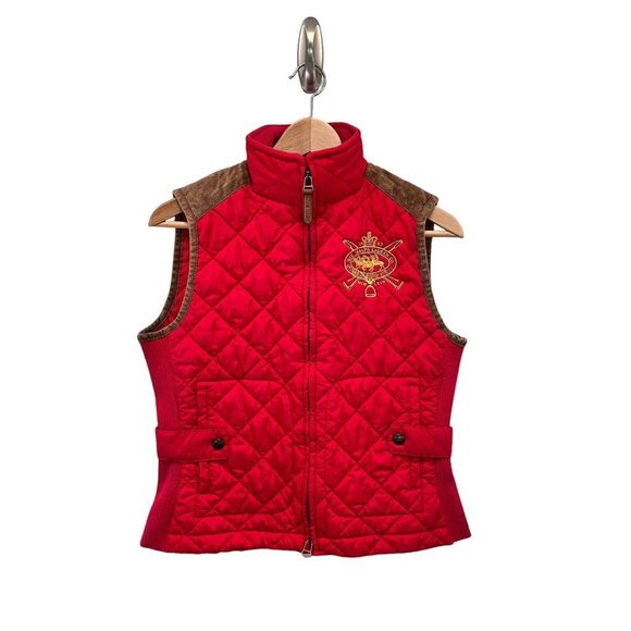 Ralph Lauren Sport M Red Quilted Vest Gilet Equestrian Riding Polo Calf Suede